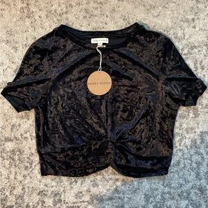 Honey Punch Black Crushed Velvet Crop Top with Gathered Knot in Front